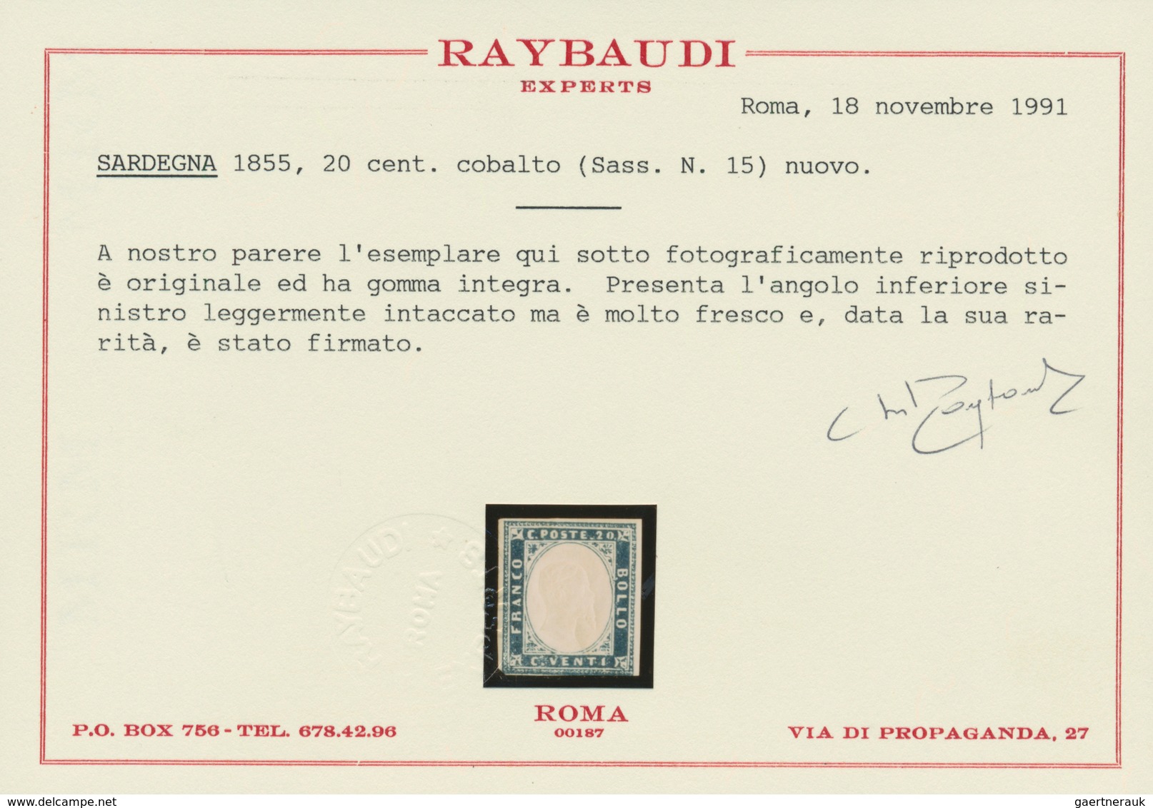 00843 Italien - Altitalienische Staaten: Sardinien: 1855, 20 Cents Cobalt, MNH, Has The Lower Left Corner - Sardegna