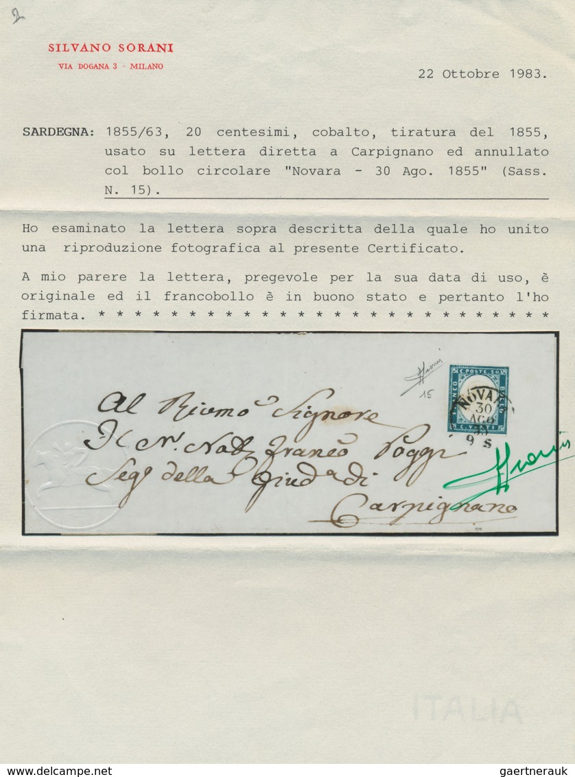 00844 Italien - Altitalienische Staaten: Sardinien: 1855/63: 20 Cents Cobalt, Print Of 1855, Used On Lette - Sardinia