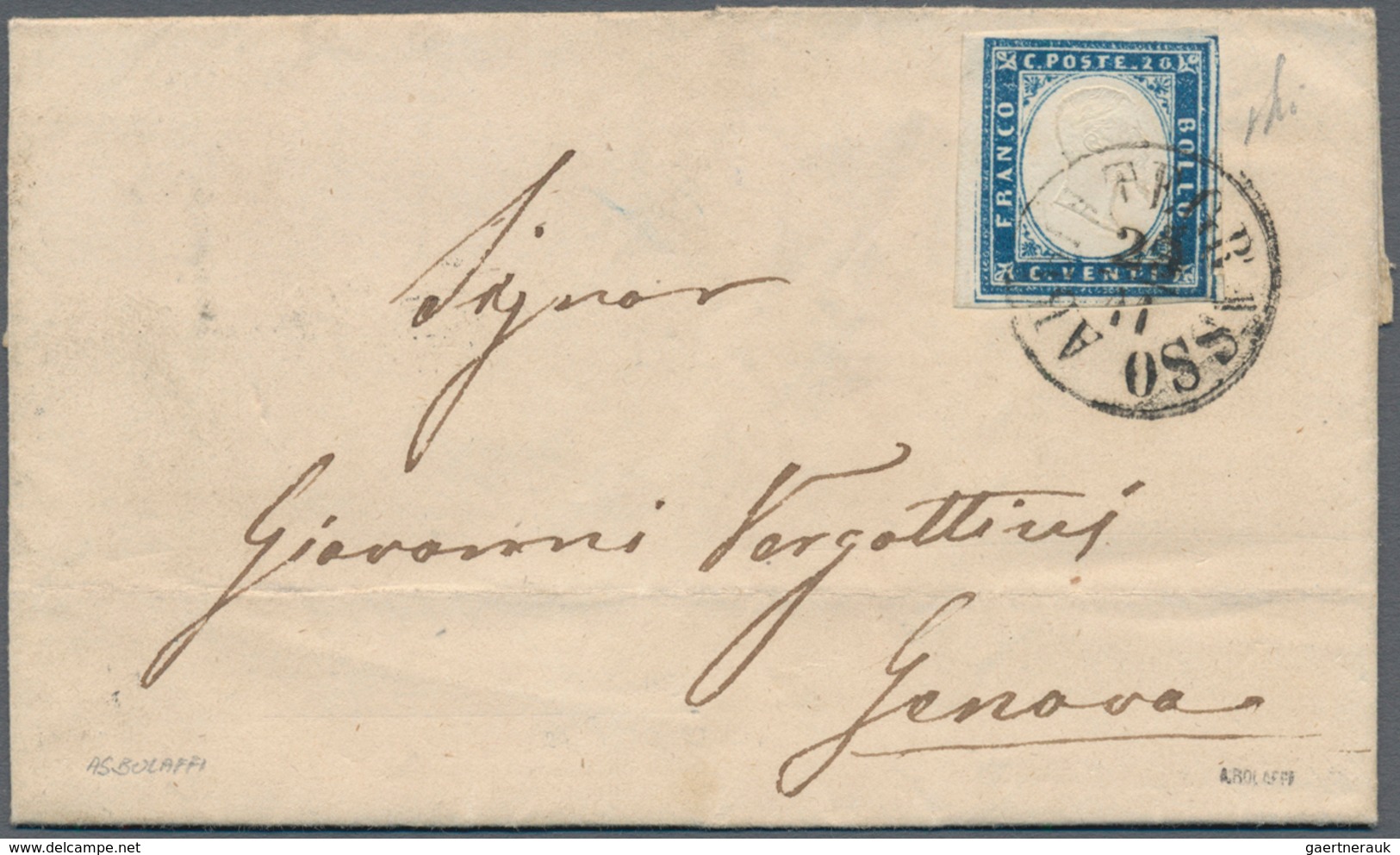 00845 Italien - Altitalienische Staaten: Sardinien: 1859, 20 Cents Dark Blue On Letter Complete With Conte - Sardegna