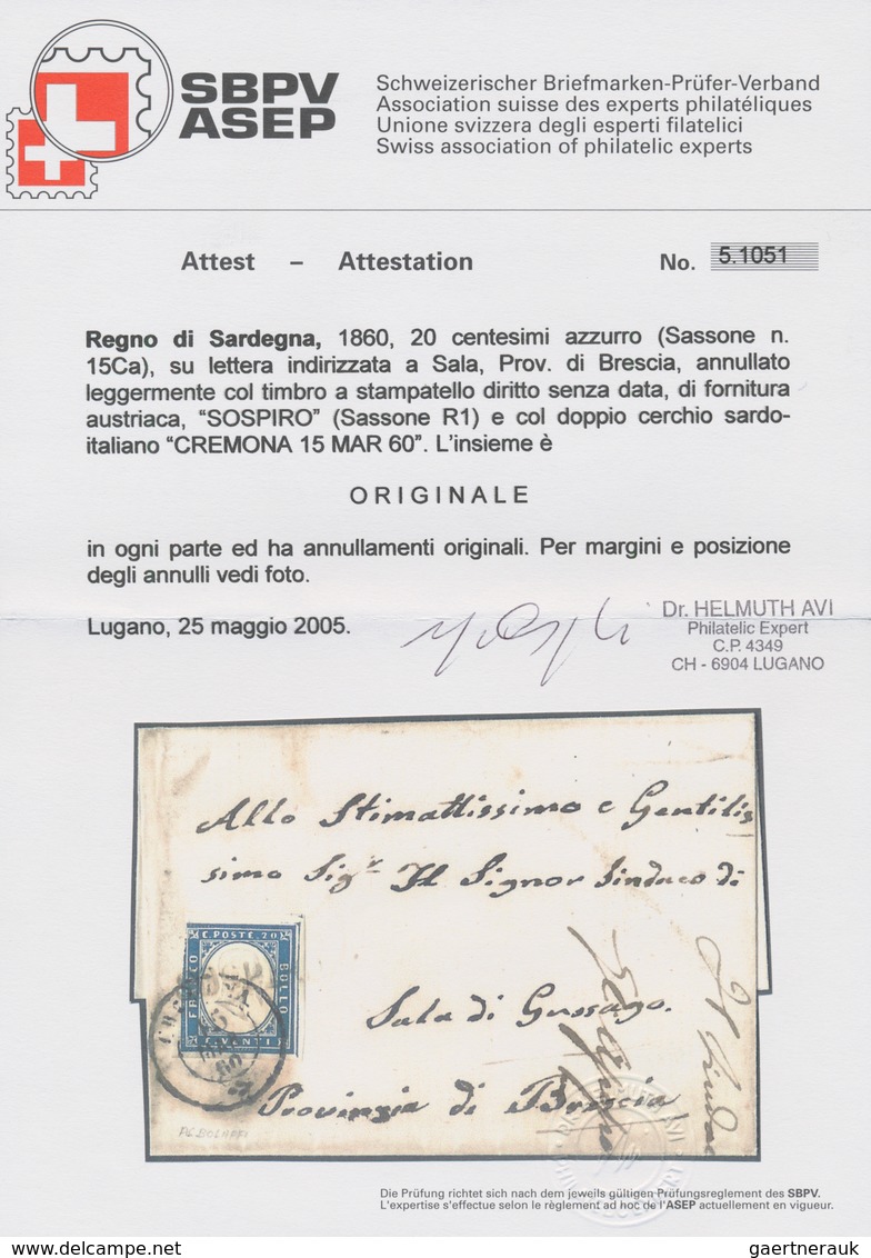 00846 Italien - Altitalienische Staaten: Sardinien: 1860: SOSPIRO, Rare Austrian Post Mark In Block Letter - Sardinien