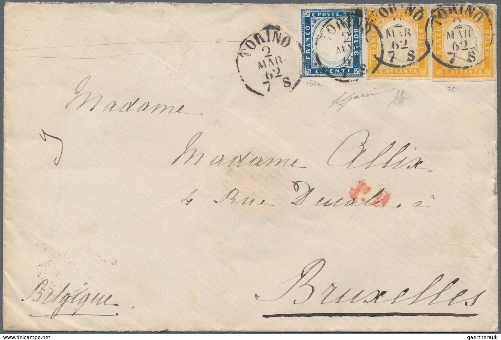 00849 Italien - Altitalienische Staaten: Sardinien: 1862: 80 Cents Yellow Orange - Two Copies And 20 Cente - Sardinia