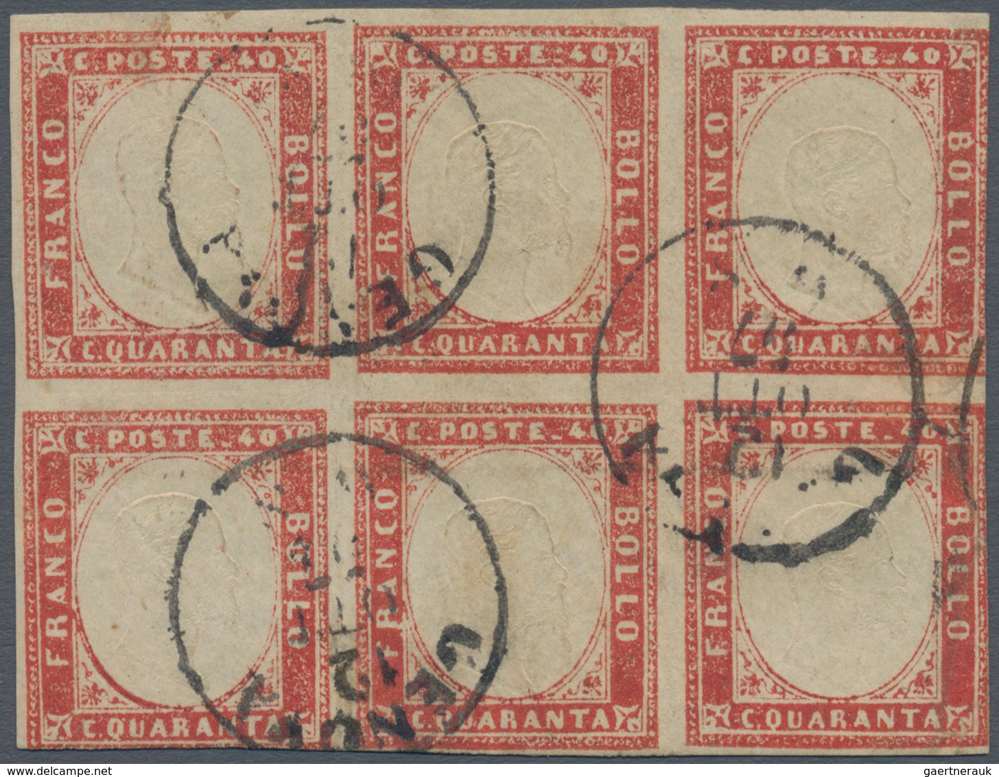 00852 Italien - Altitalienische Staaten: Sardinien: 1857, 40 Cents. Red Scarlet, Block Of Six, Cancelled " - Sardinien