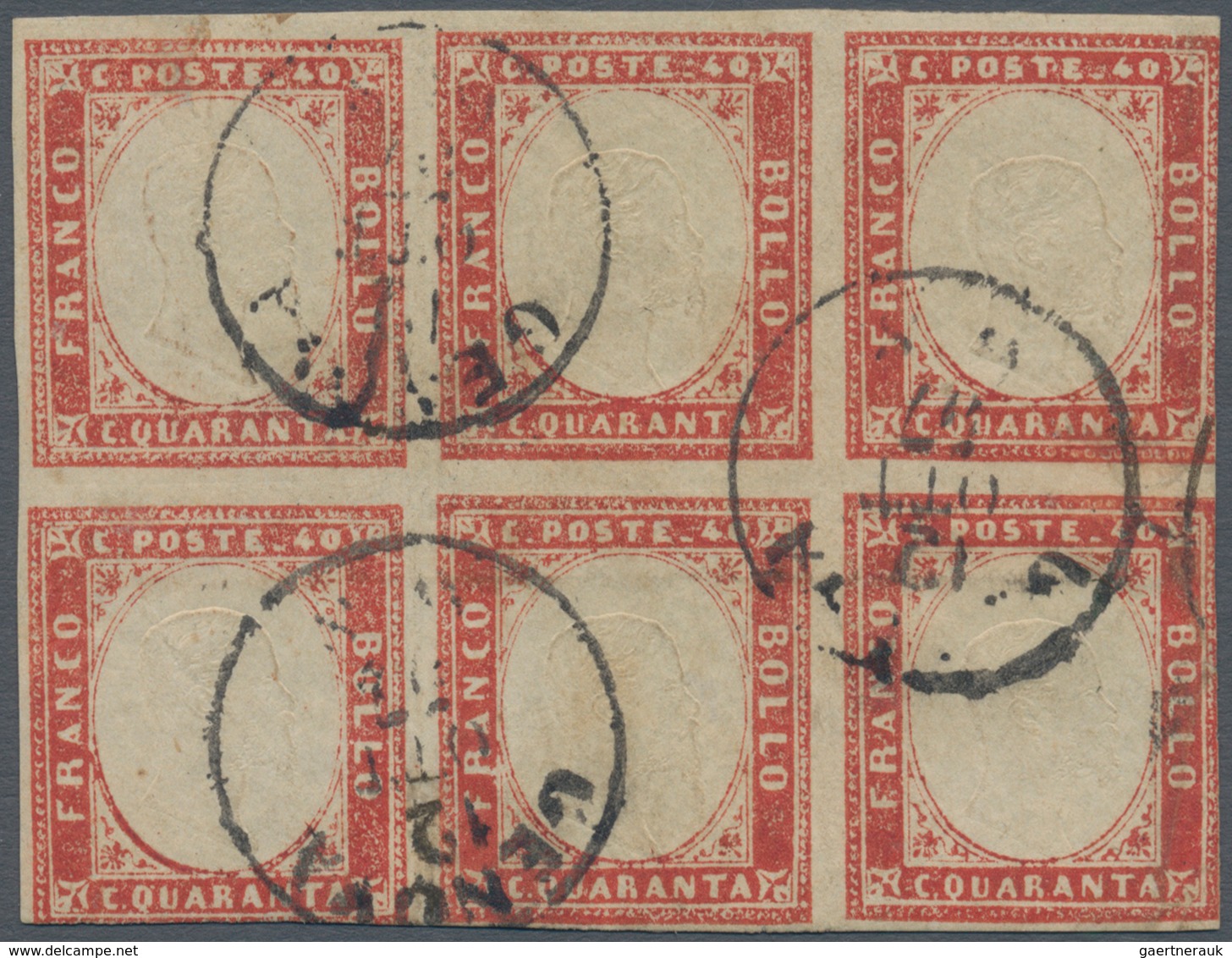 00852 Italien - Altitalienische Staaten: Sardinien: 1857, 40 Cents. Red Scarlet, Block Of Six, Cancelled " - Sardinia