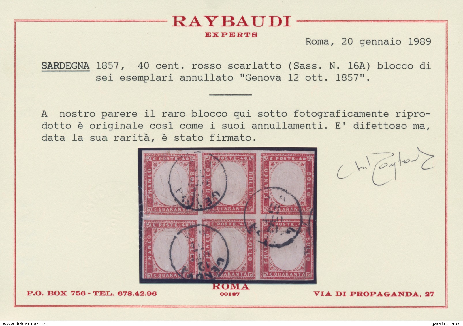 00852 Italien - Altitalienische Staaten: Sardinien: 1857, 40 Cents. Red Scarlet, Block Of Six, Cancelled " - Sardinia