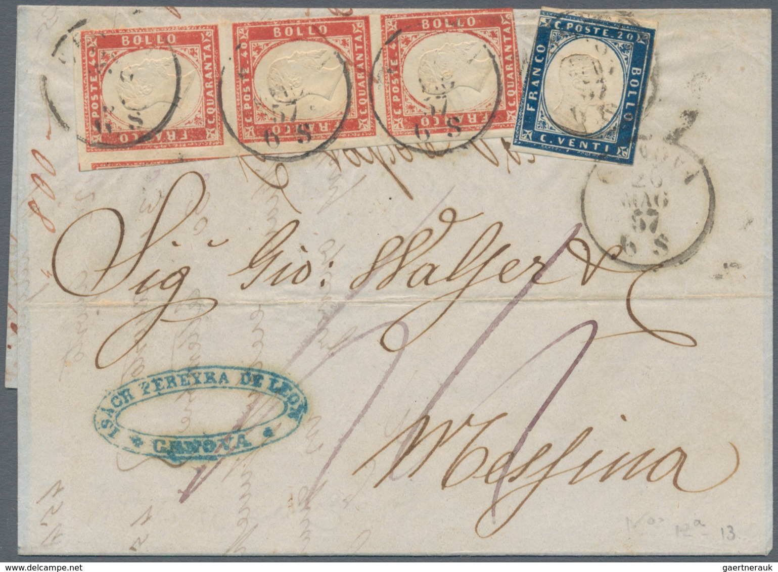 00855 Italien - Altitalienische Staaten: Sardinien: 1855, 40 Cents Dark Vermillion, Vertical Strip Of Thre - Sardegna