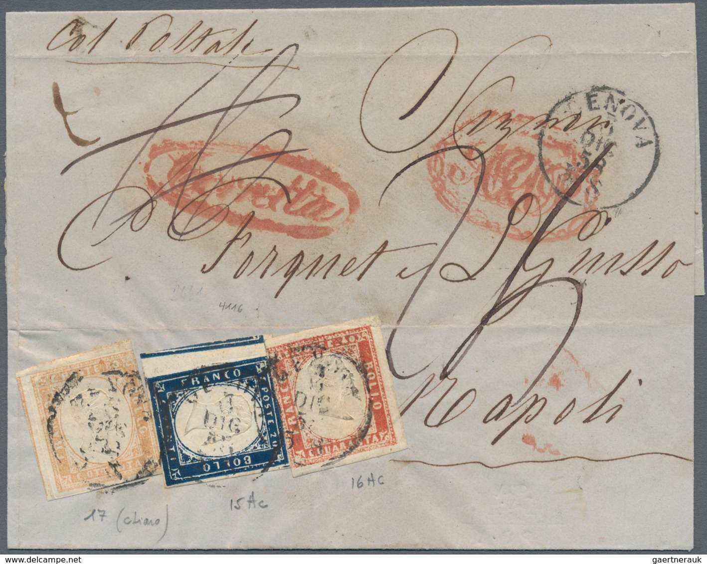 00857 Italien - Altitalienische Staaten: Sardinien: 1858: Tricolour Franking With 80 Cents Light Bistre, 2 - Sardegna