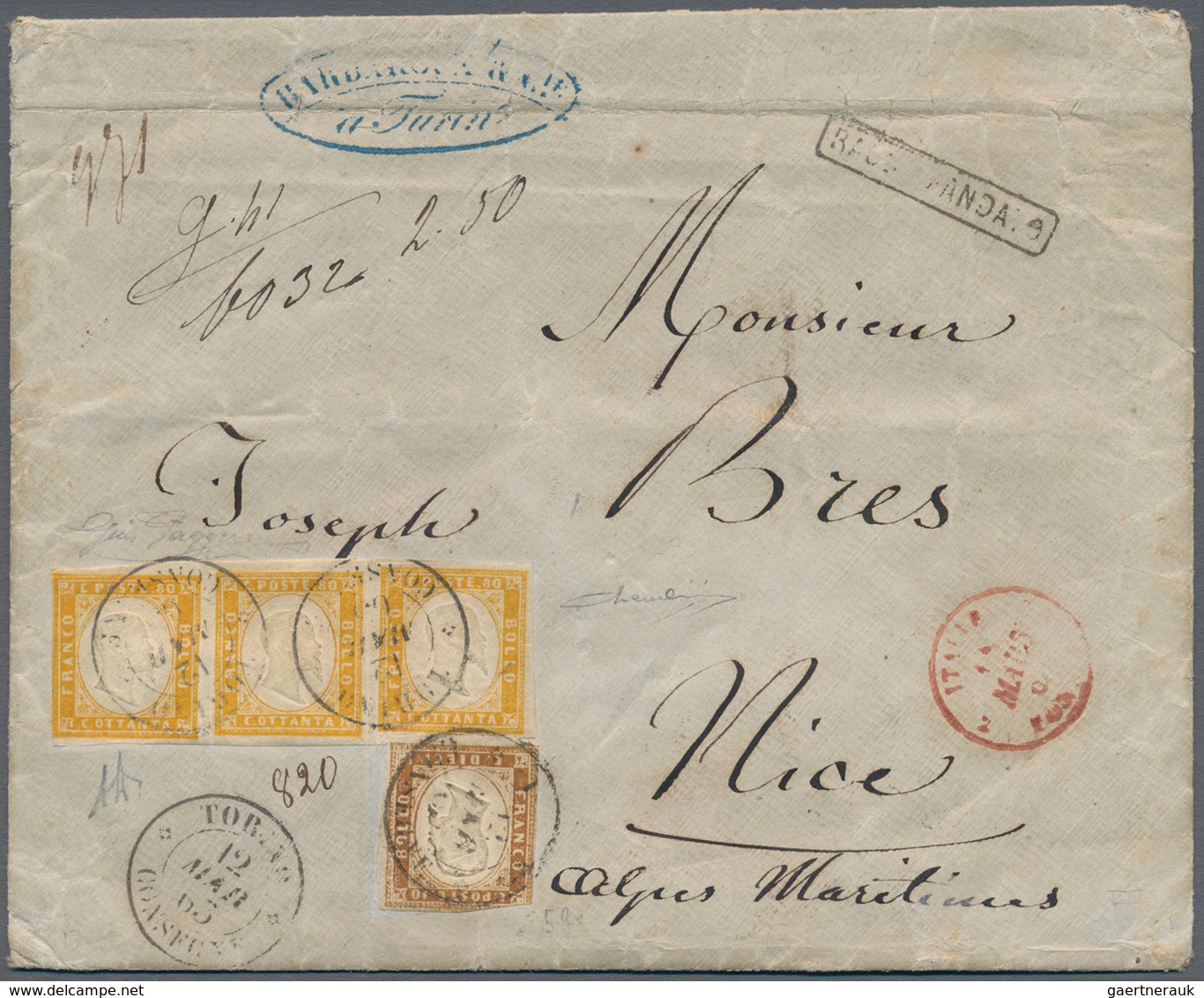 00859 Italien - Altitalienische Staaten: Sardinien: 1863: Strip Of Three Stamps Of 80 Orange Cents And A S - Sardinia