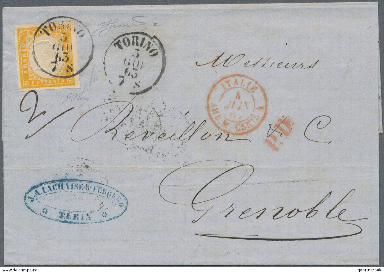 00860 Italien - Altitalienische Staaten: Sardinien: 1863: 80 Centesimi Yellow, Single Franking On Letter T - Sardinia