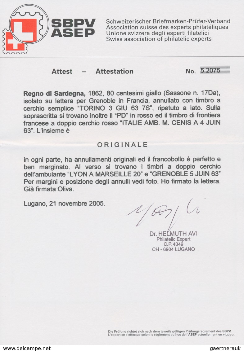 00860 Italien - Altitalienische Staaten: Sardinien: 1863: 80 Centesimi Yellow, Single Franking On Letter T - Sardinia