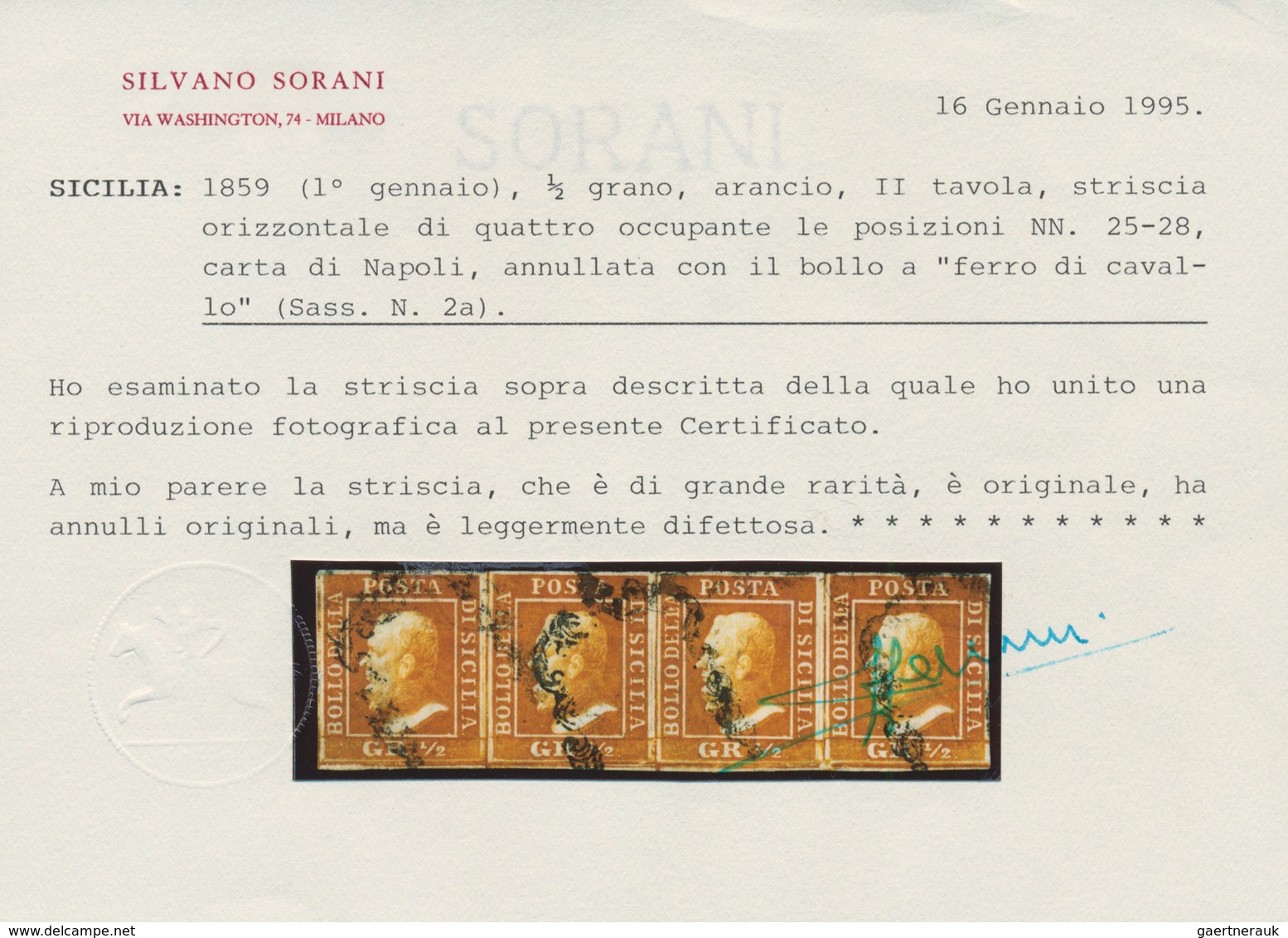 00866 Italien - Altitalienische Staaten: Sizilien: 1859, 1/2 Grano, Orange, Second Table, Horizontal Strip - Sicily