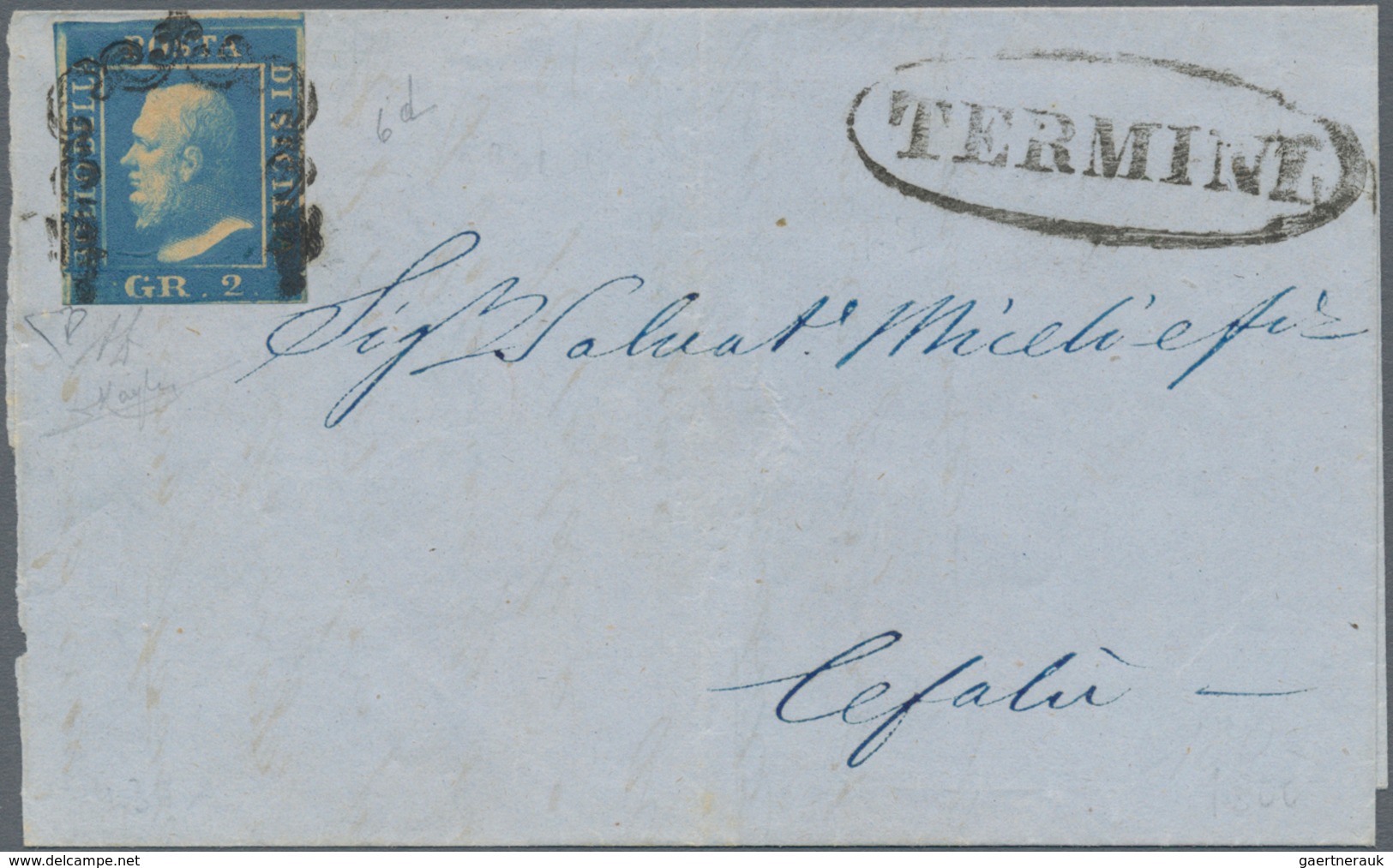 00867 Italien - Altitalienische Staaten: Sizilien: 1859, 2 Grana Ultramarin, First Plate, On A Letter Addr - Sicily