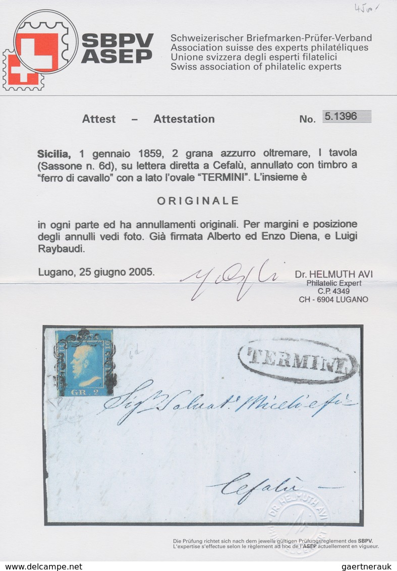 00867 Italien - Altitalienische Staaten: Sizilien: 1859, 2 Grana Ultramarin, First Plate, On A Letter Addr - Sicile