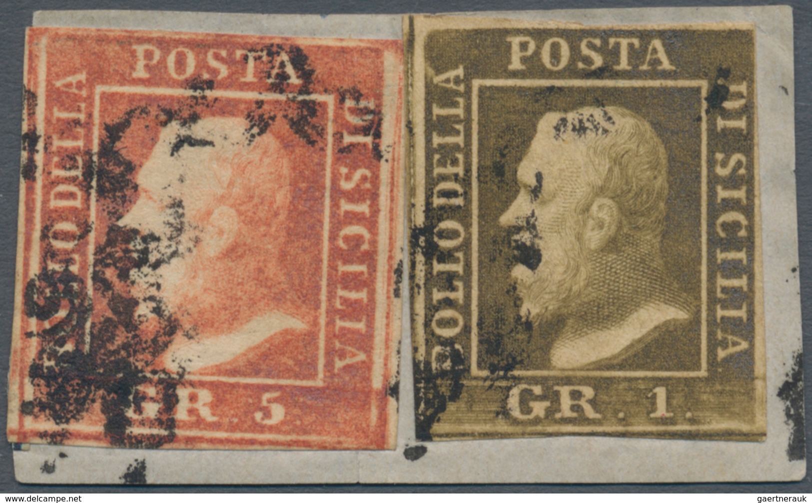 00869 Italien - Altitalienische Staaten: Sizilien: 1859: 5 Grana, 2nd Plate, Vermillon And 1 Grano, 2nd Pl - Sizilien