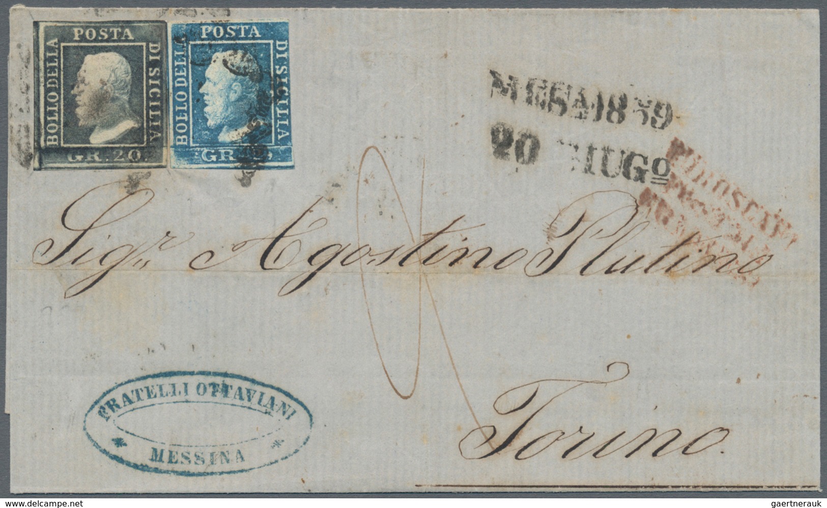 00870 Italien - Altitalienische Staaten: Sizilien: 1859: 20 Grana Gray And 2 Grana Blue, Both Tied By "hor - Sicilië