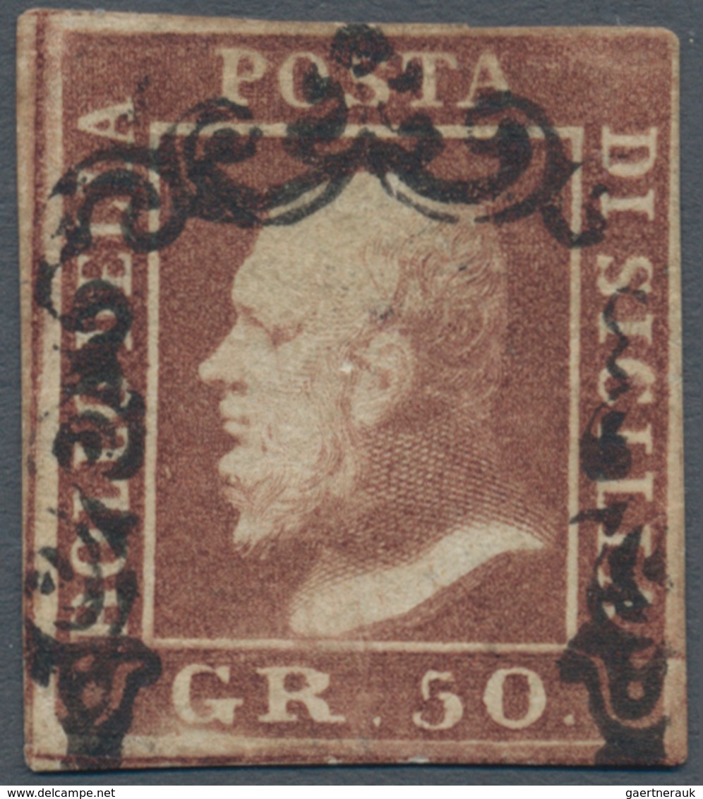 00871 Italien - Altitalienische Staaten: Sizilien: 1859: 50 Grana Brown Lacquer, Cancelled With A "horsesh - Sicilië