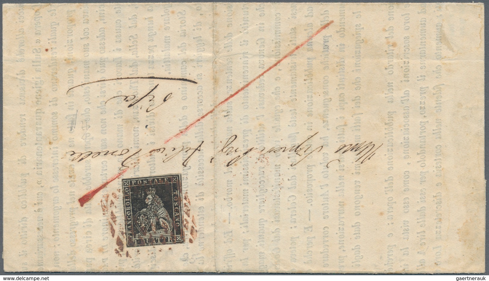 00873 Italien - Altitalienische Staaten: Toscana: 1855: 1 Q. Black On Bluish Paper, On Circular From Flore - Toscana