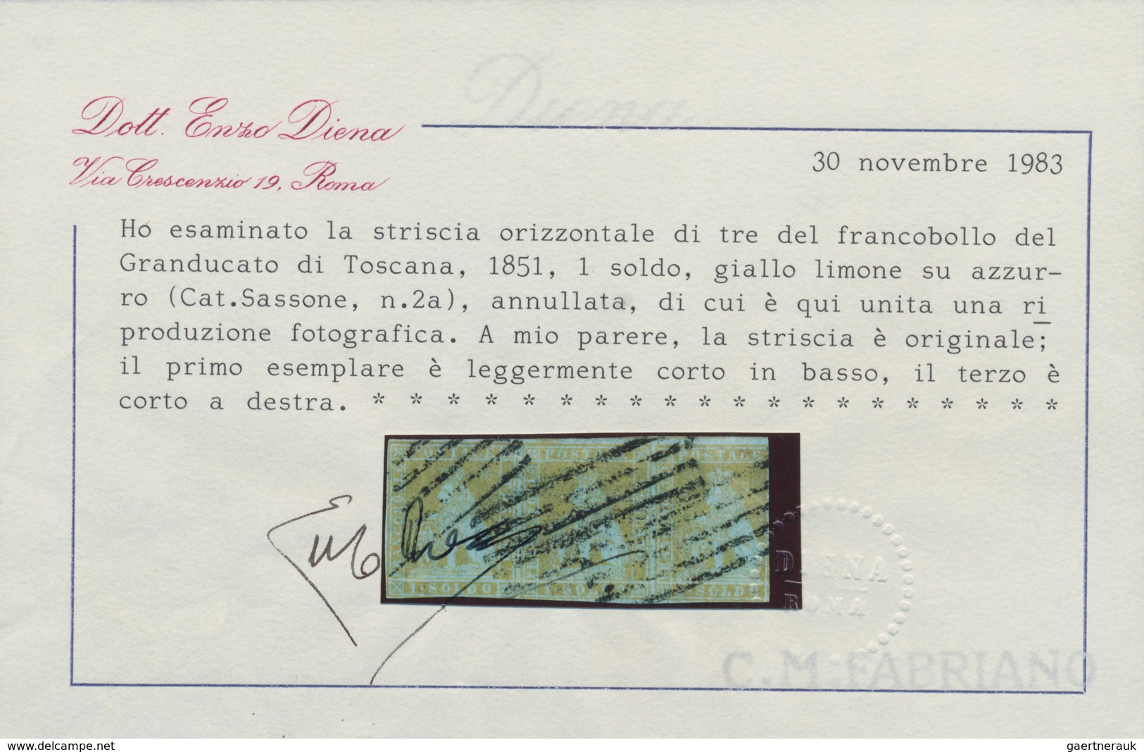 00874 Italien - Altitalienische Staaten: Toscana: 1851, 1 Soldo, Lemon Yellow On Bluish Paper, Cancelled, - Toscane