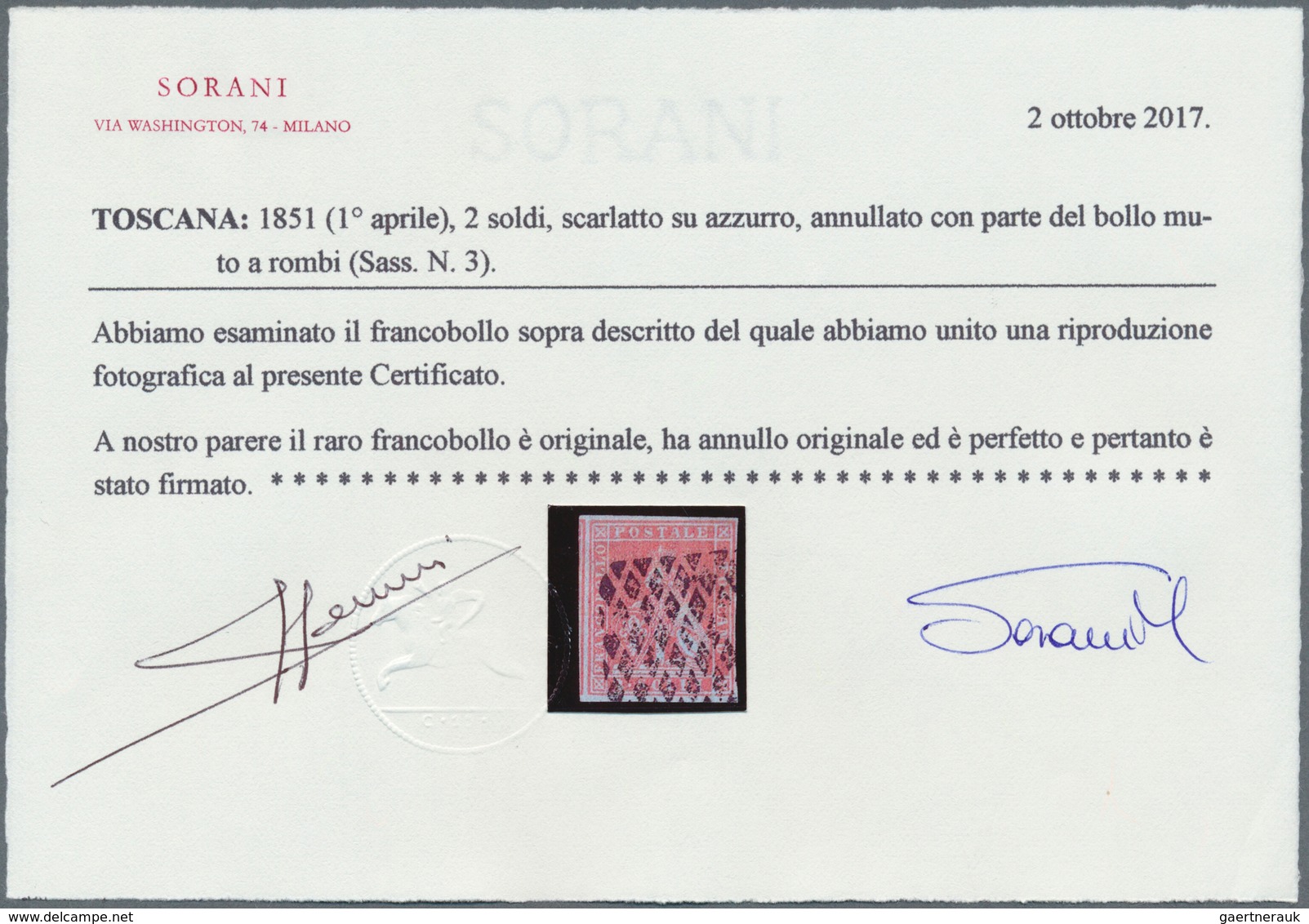 00876 Italien - Altitalienische Staaten: Toscana: 1851: 2 Soldi, Scharlachrot Auf Blau, Entwertet Mit Rhom - Toskana