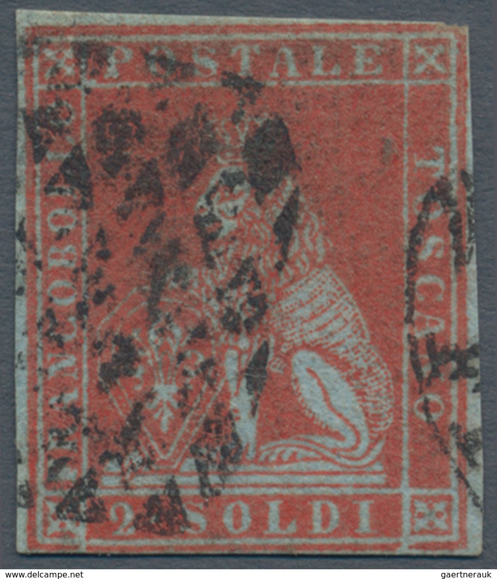 00877 Italien - Altitalienische Staaten: Toscana: 1851, 2 Soldi Scarlet On Light Blue Paper, Used; With Ra - Tuscany
