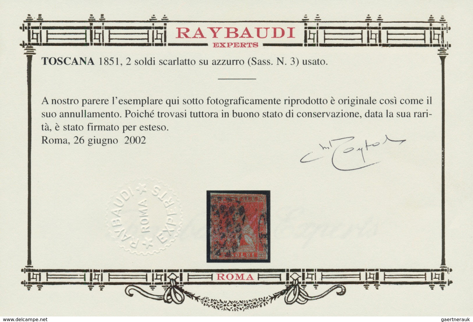 00877 Italien - Altitalienische Staaten: Toscana: 1851, 2 Soldi Scarlet On Light Blue Paper, Used; With Ra - Tuscany