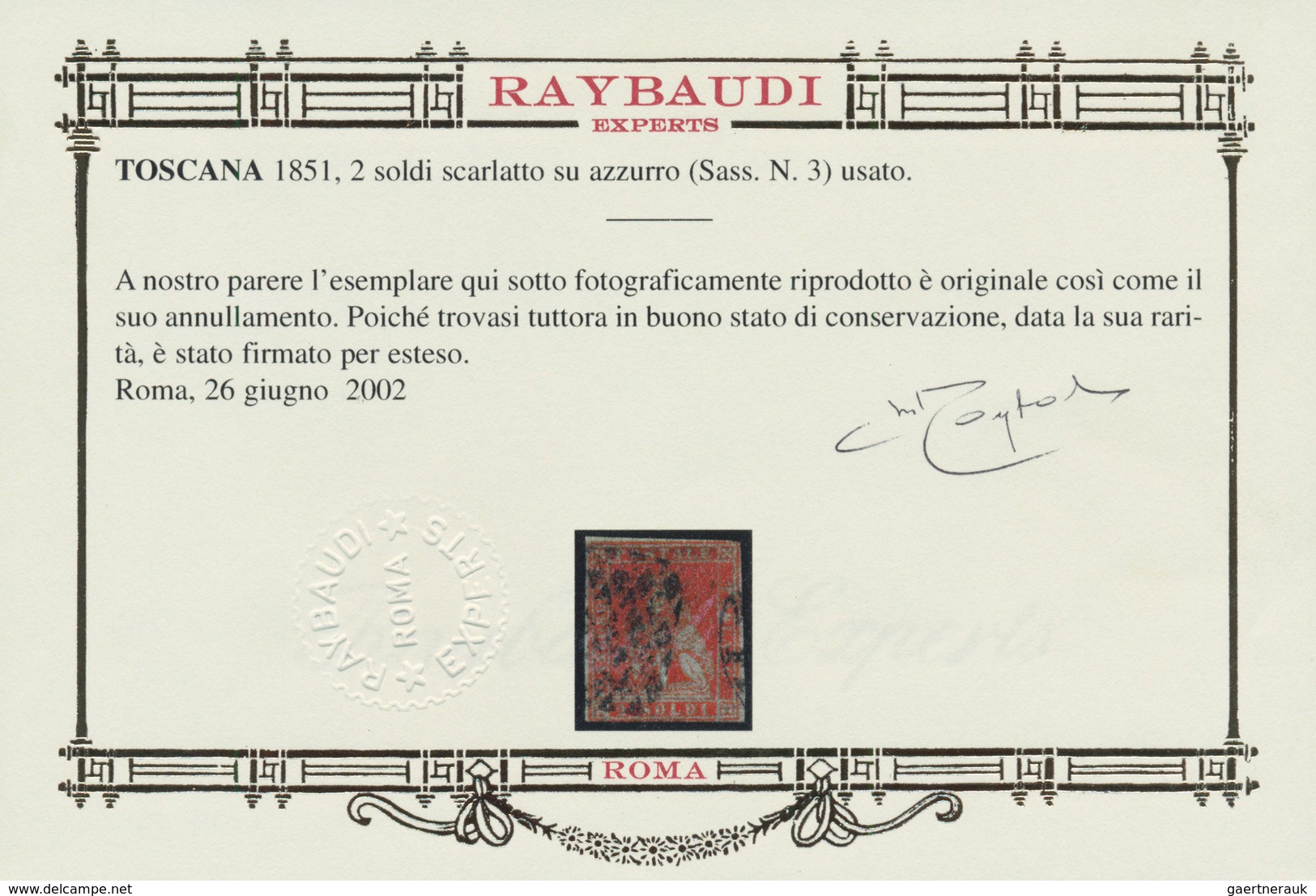 00877 Italien - Altitalienische Staaten: Toscana: 1851, 2 Soldi Scarlet On Light Blue Paper, Used; With Ra - Toscane