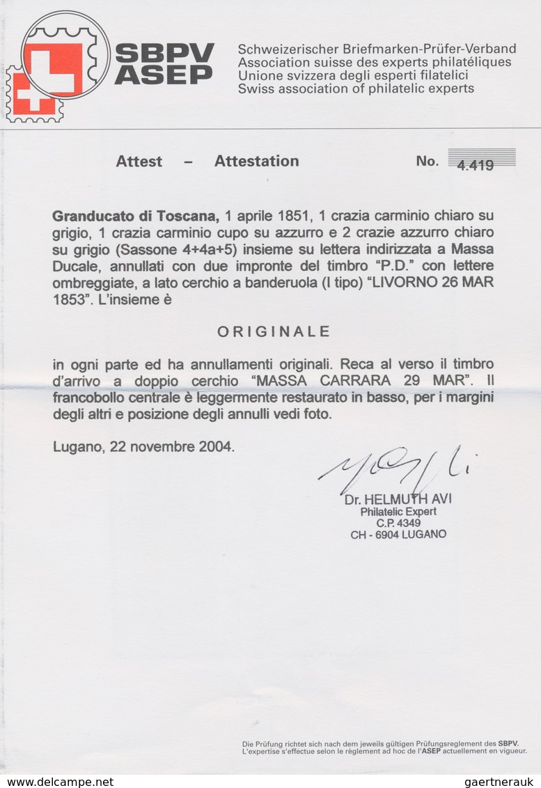 00879 Italien - Altitalienische Staaten: Toscana: 1851: TWO DIFFERENT COLORS: 1 Crazia Light Carmine On Gr - Toskana