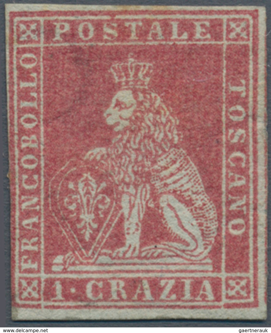 00880 Italien - Altitalienische Staaten: Toscana: 1851, 1 Crazia, Carmine On Gray Paper, Mint With Gum; Wi - Toskana