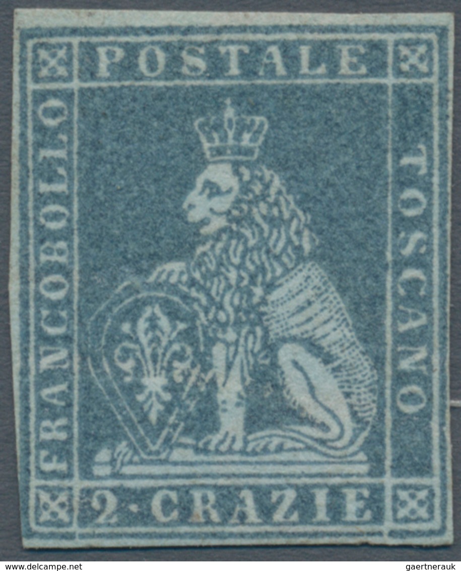 00881 Italien - Altitalienische Staaten: Toscana: 1851: 2 Crazie Light Blue On Gray Paper, Mint With Origi - Toskana