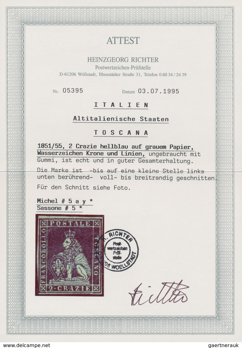 00881 Italien - Altitalienische Staaten: Toscana: 1851: 2 Crazie Light Blue On Gray Paper, Mint With Origi - Toscana