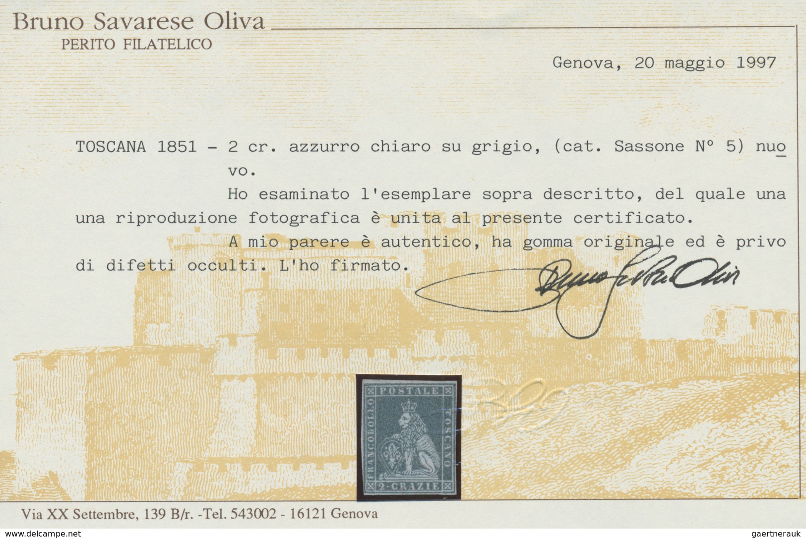 00881 Italien - Altitalienische Staaten: Toscana: 1851: 2 Crazie Light Blue On Gray Paper, Mint With Origi - Toscane