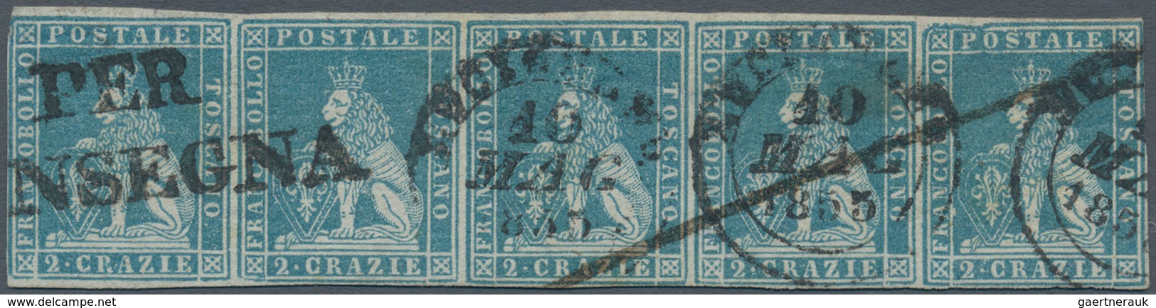 00882 Italien - Altitalienische Staaten: Toscana: 1851: 2 Crazie Light Blue, Strip Of Five, Used, Signed A - Toscane