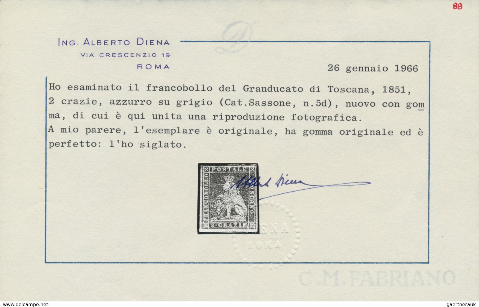 00883 Italien - Altitalienische Staaten: Toscana: 1851, 2 Crazie, Light Blue On Grey Paper, Mint With Gum; - Toskana