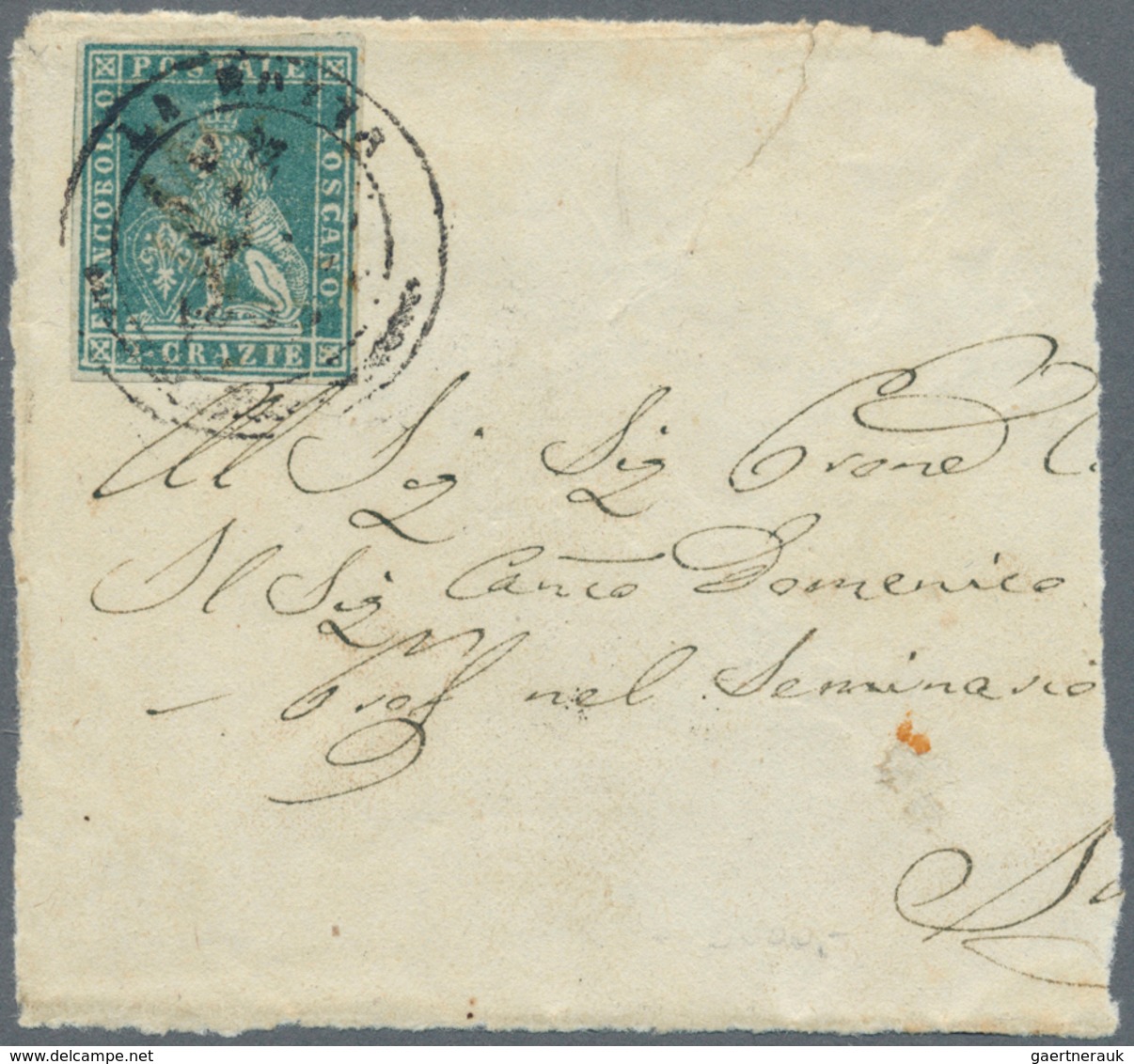 00884 Italien - Altitalienische Staaten: Toscana: 1851. LA ROTTA. 2 Crazie Blue On Gray, On Large Piece Of - Toscana