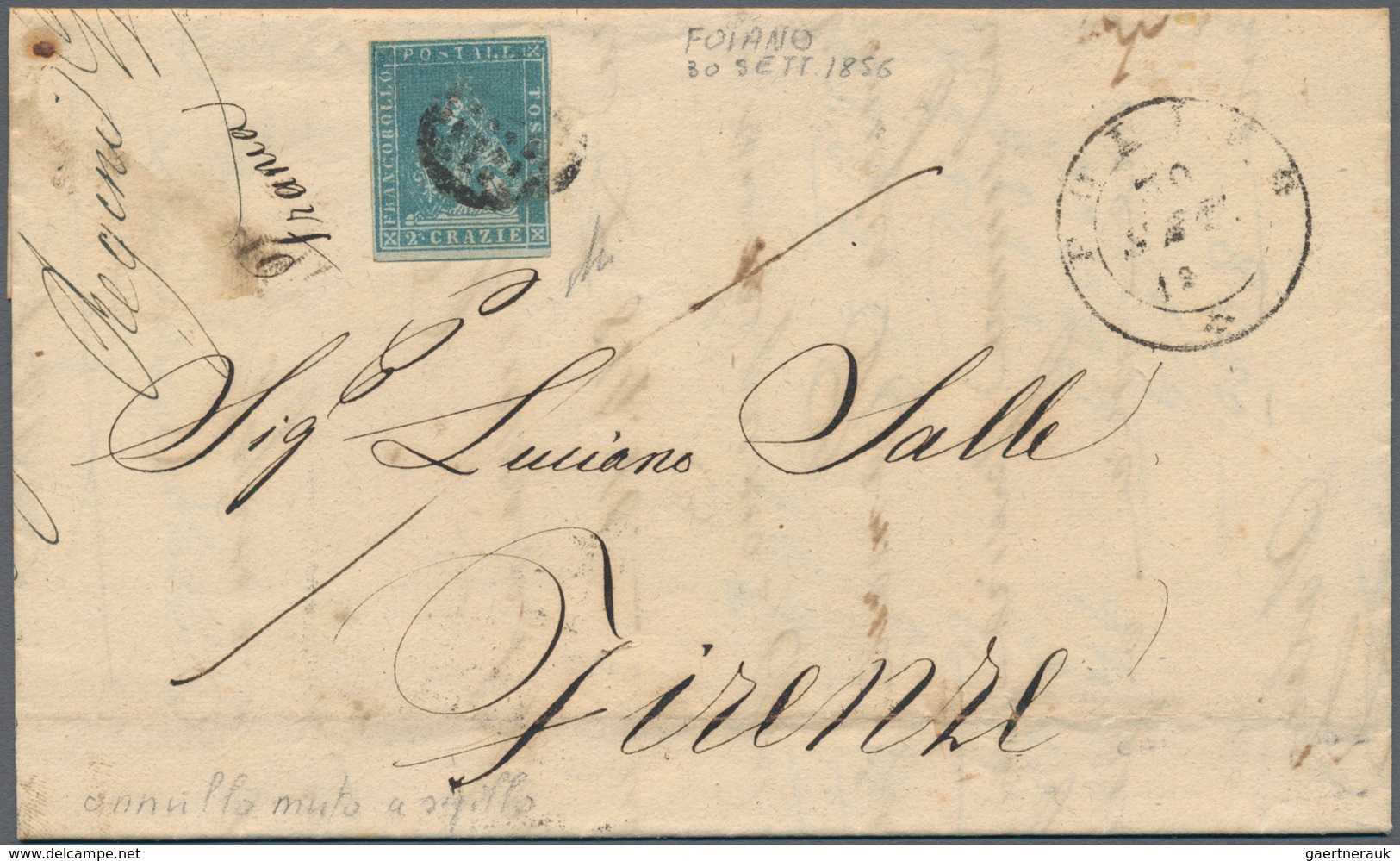 00885 Italien - Altitalienische Staaten: Toscana: 1851, 2 Crazie Blue On Grey Paper, On A Letter Addressed - Toscane