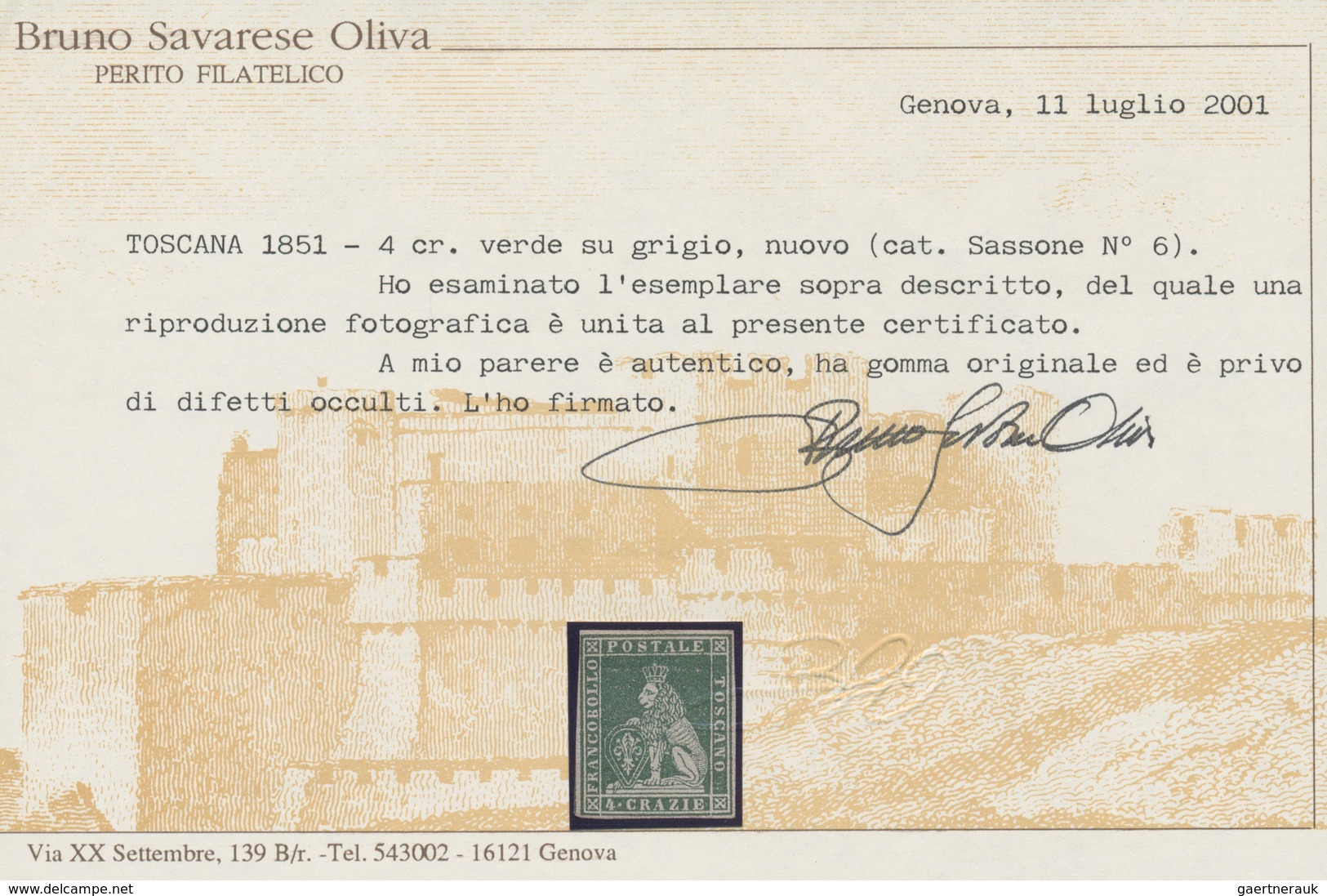 00886 Italien - Altitalienische Staaten: Toscana: 1851, 4 Crazie Green On Gray, Mint With Original Gum; Wi - Tuscany