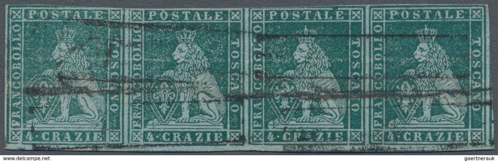 00887 Italien - Altitalienische Staaten: Toscana: 1851, 4 Crazie Green On Grey, Horizontal Strip Of Four, - Toscana