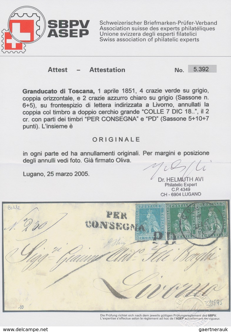 00888 Italien - Altitalienische Staaten: Toscana: 1851, 4 Crazie Green On Grey, Horizontal Pair And 2 Craz - Toscana