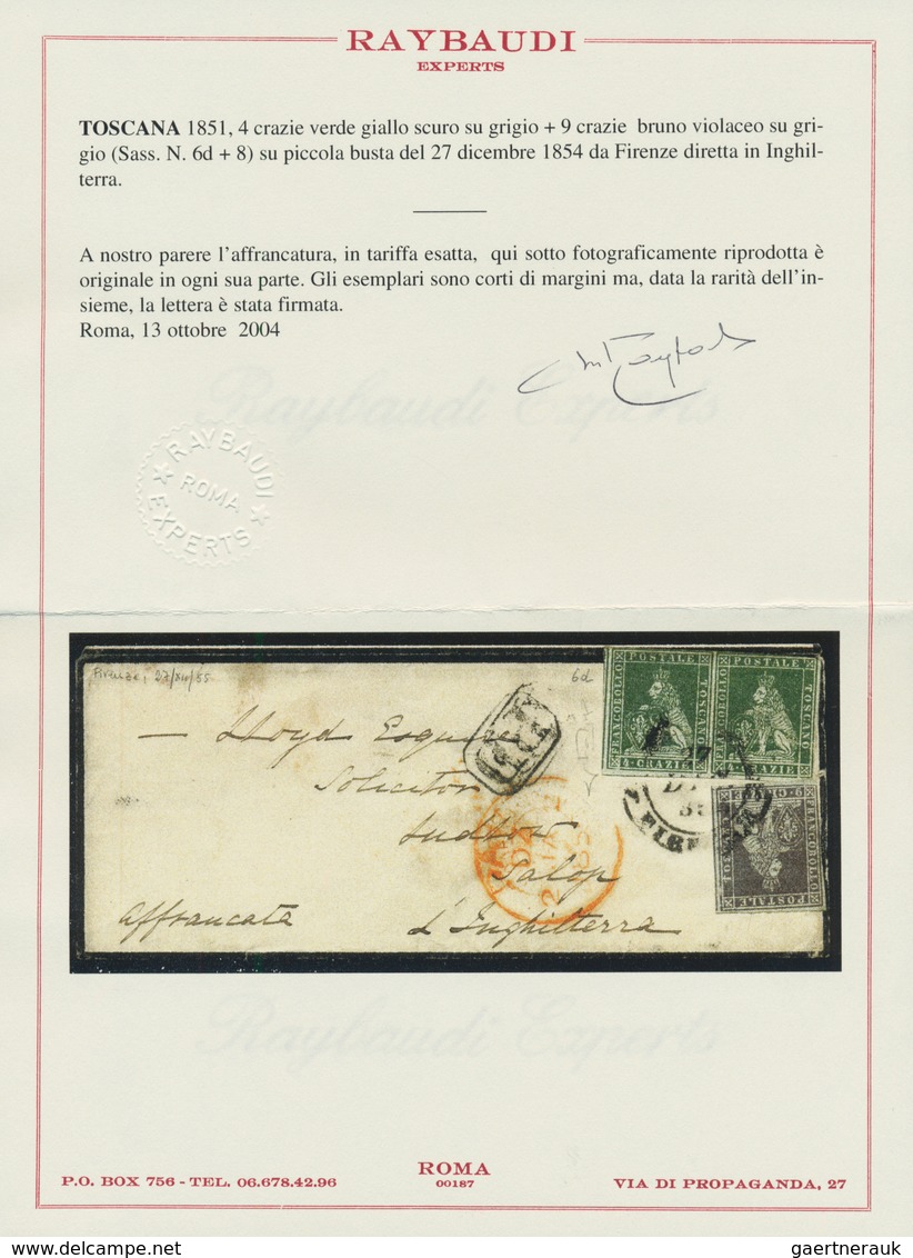 00891 Italien - Altitalienische Staaten: Toscana: 1851, 4 Crazie Dark Yellow On Gray Paper, Horizontal Pai - Tuscany