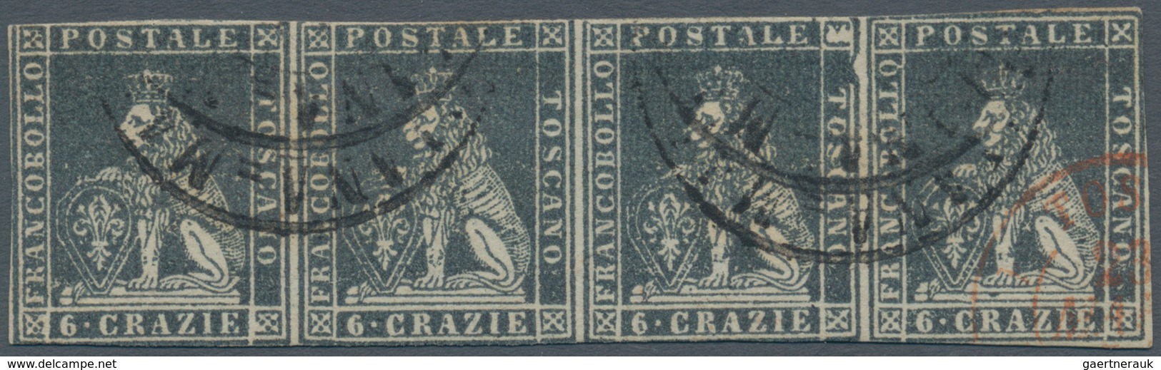 00893 Italien - Altitalienische Staaten: Toscana: 1851, 6 Crarie Dark Grey On Grey Paper, Horizontal Strip - Toskana