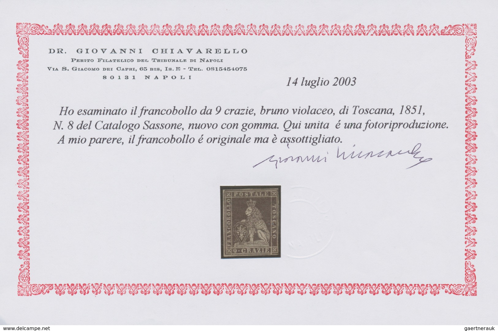 00894 Italien - Altitalienische Staaten: Toscana: 1851, 9 Crazie Brown Purple, Mint With Gum; With Certifi - Tuscany