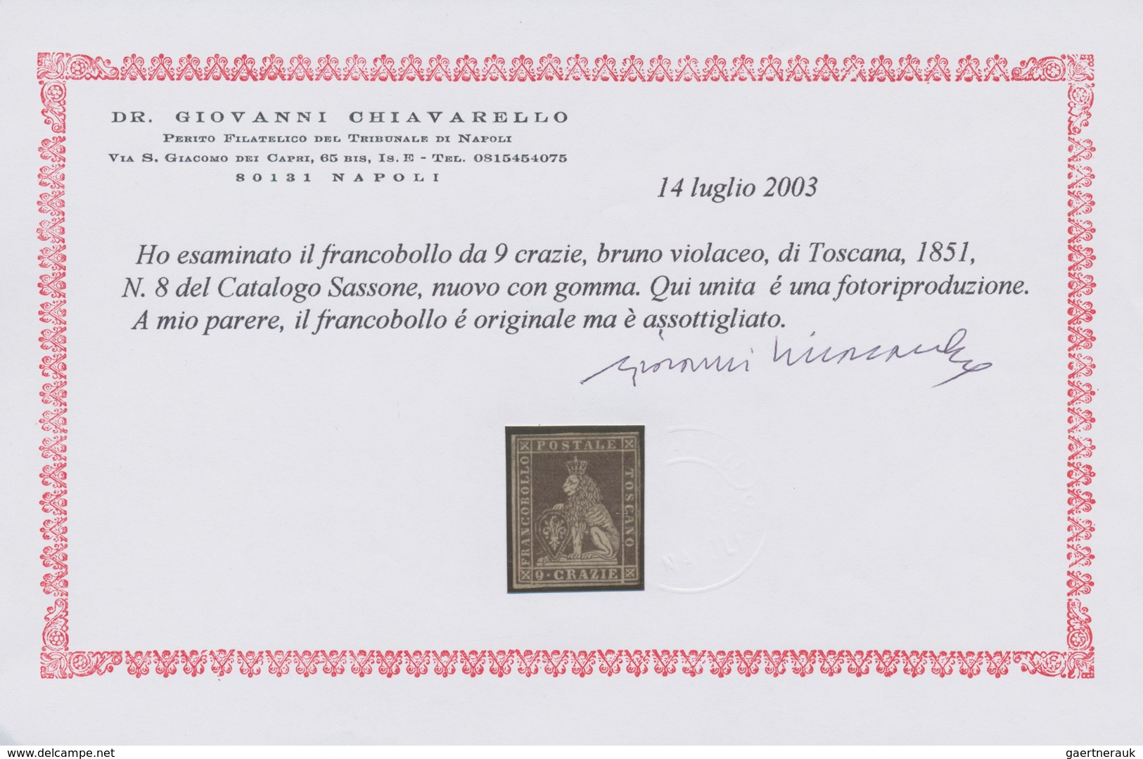 00894 Italien - Altitalienische Staaten: Toscana: 1851, 9 Crazie Brown Purple, Mint With Gum; With Certifi - Toscane