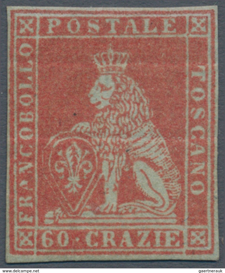 00895 Italien - Altitalienische Staaten: Toscana: 1852, 60 Crazie Dark Scarlet On Greyish Paper, Mint With - Toscana