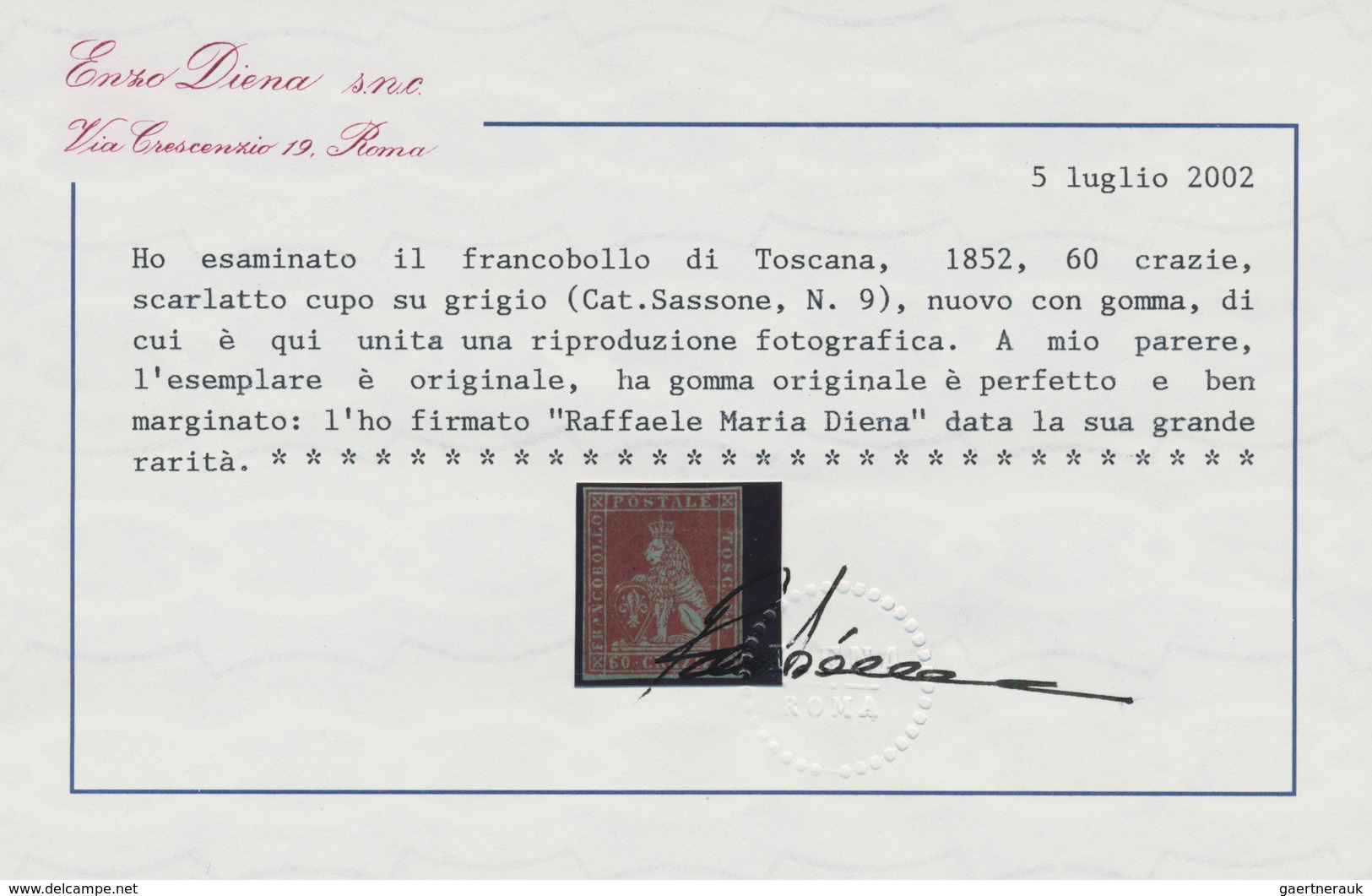 00895 Italien - Altitalienische Staaten: Toscana: 1852, 60 Crazie Dark Scarlet On Greyish Paper, Mint With - Tuscany