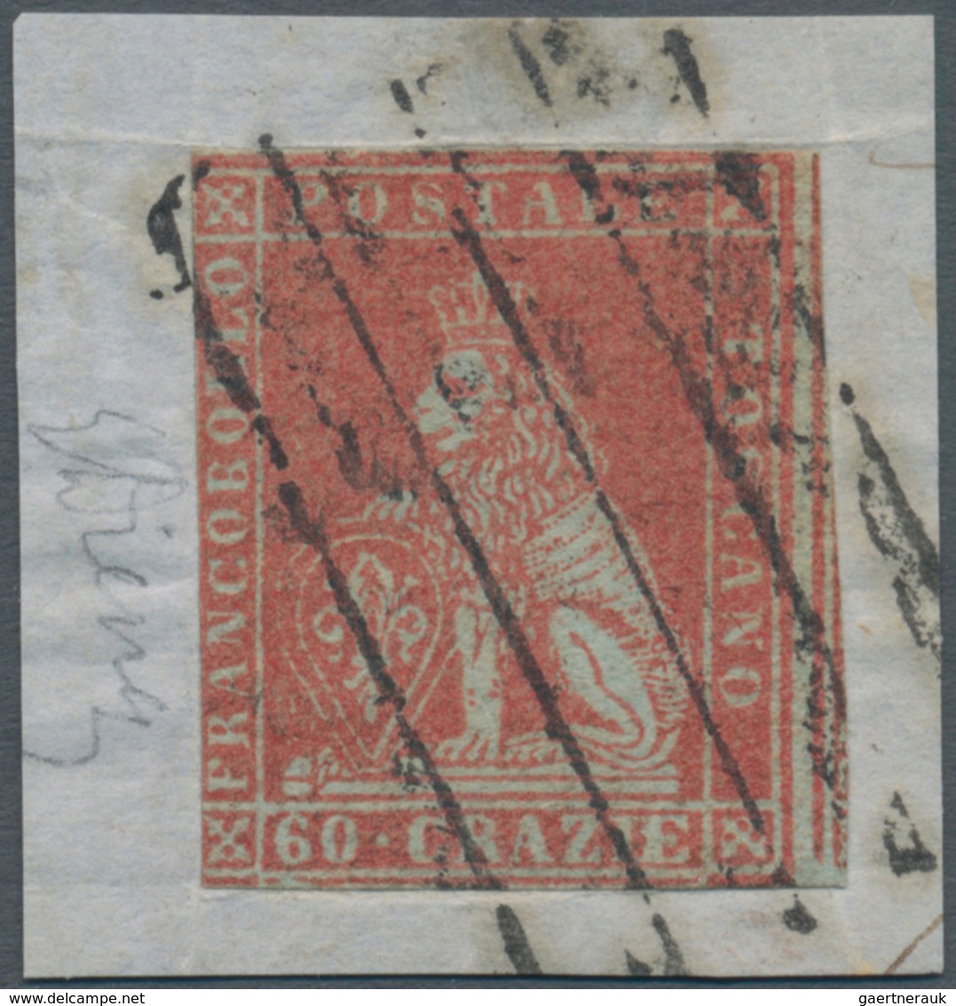 00896 Italien - Altitalienische Staaten: Toscana: 1851: 60 Crazie Scarlet On Gray, On Fragment Cancelled W - Tuscany