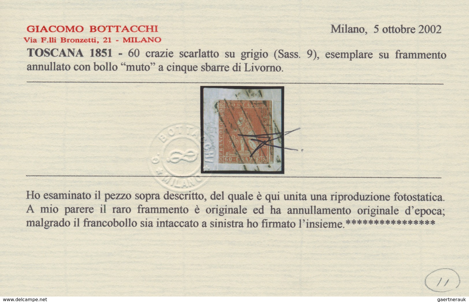 00896 Italien - Altitalienische Staaten: Toscana: 1851: 60 Crazie Scarlet On Gray, On Fragment Cancelled W - Toscane