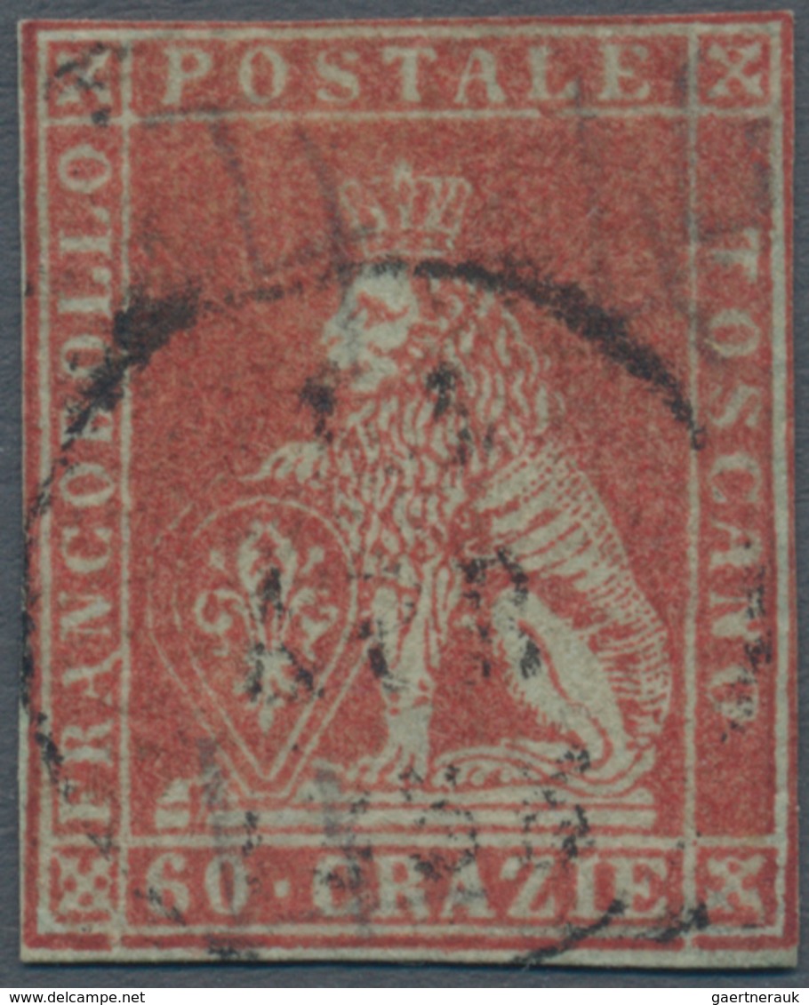 00897 Italien - Altitalienische Staaten: Toscana: 1852: 60 Crazie, Dark Scarlet On Gray Paper, Cancelled W - Toscane