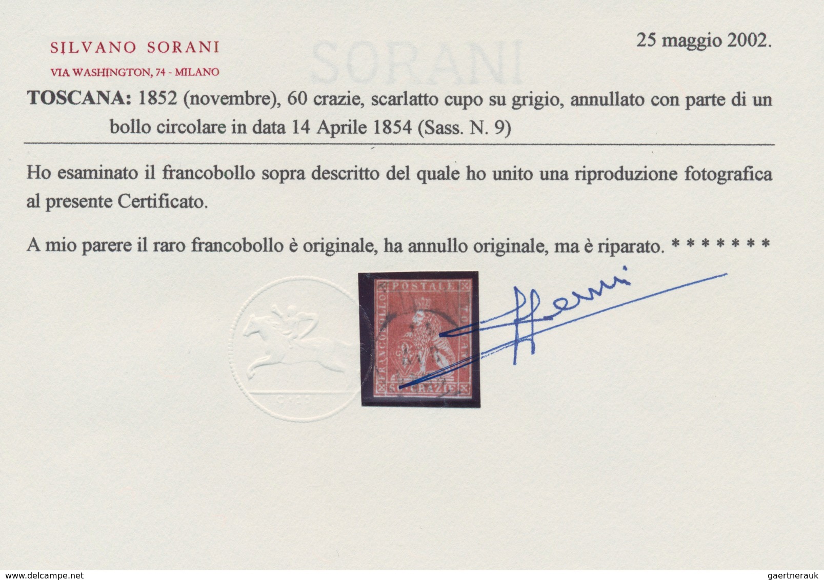 00897 Italien - Altitalienische Staaten: Toscana: 1852: 60 Crazie, Dark Scarlet On Gray Paper, Cancelled W - Tuscany