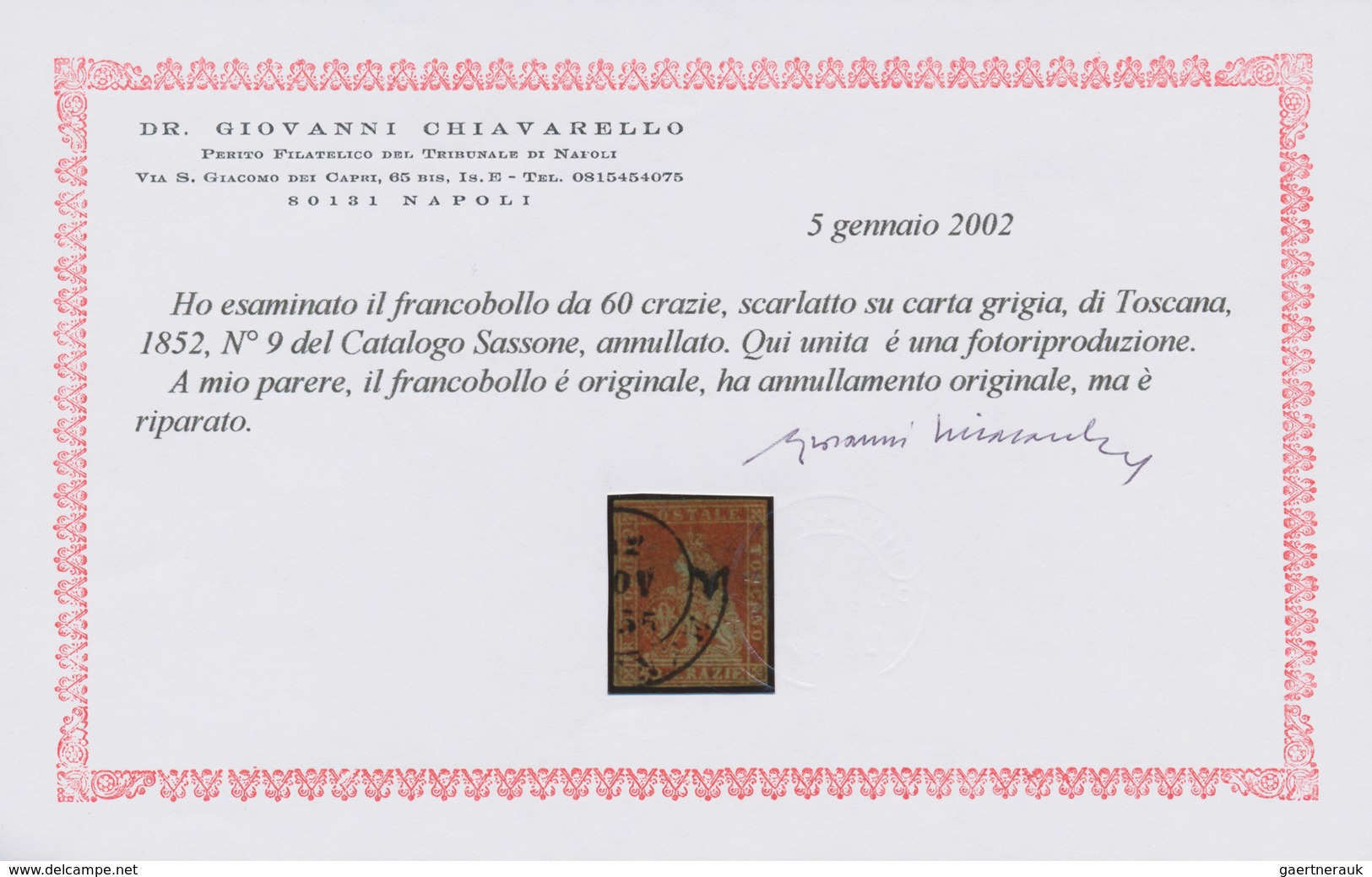 00898 Italien - Altitalienische Staaten: Toscana: 1852: 60 Crazie, Scarlet On Gray Paper, Cancelled; With - Toscana