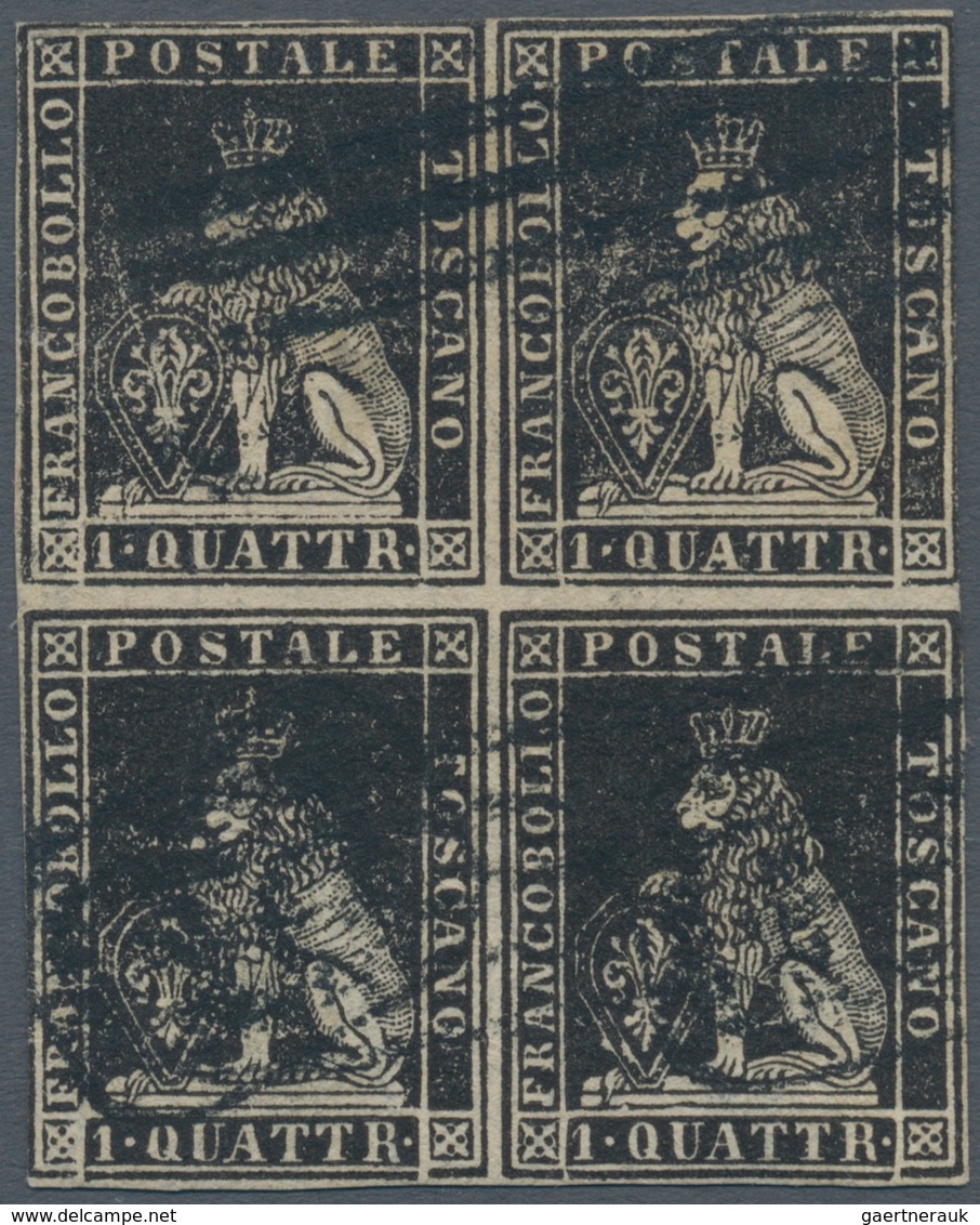 00901 Italien - Altitalienische Staaten: Toscana: 1857, 1 Q., Black, Block Of Four, Used, Slight Crease Th - Toscane