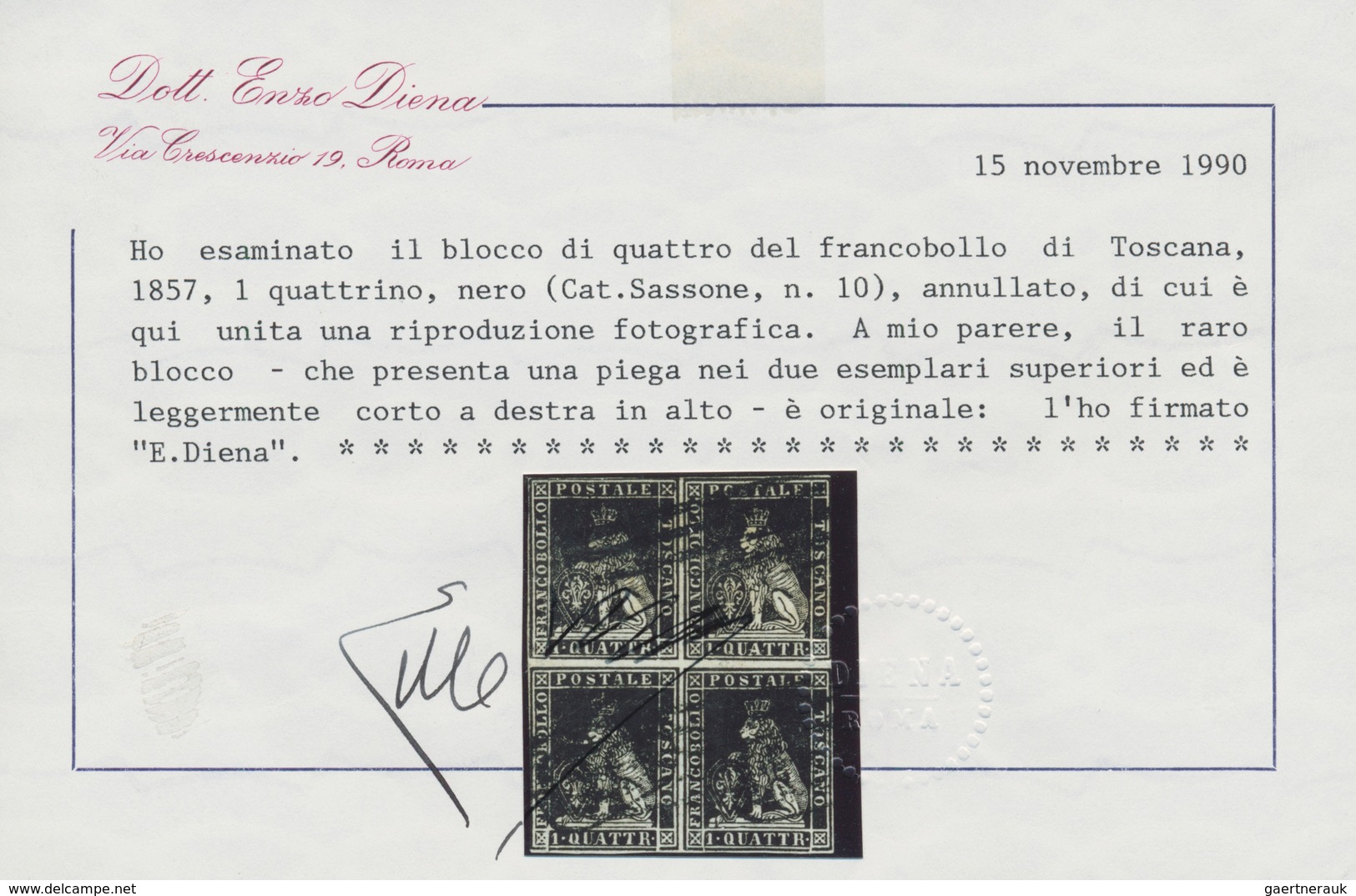 00901 Italien - Altitalienische Staaten: Toscana: 1857, 1 Q., Black, Block Of Four, Used, Slight Crease Th - Toscane